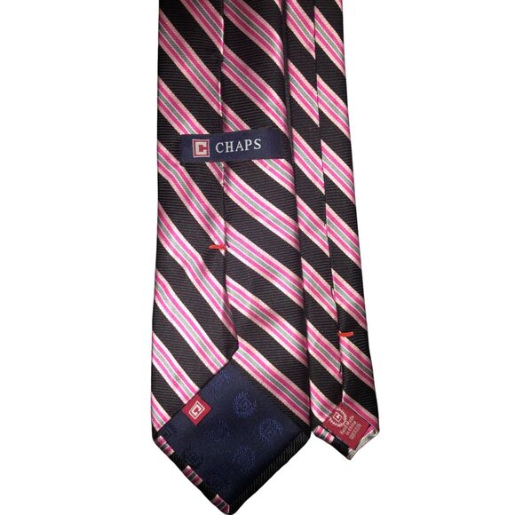 Chaps Silk Tie Striped Handmade Business Office Work Career Outfit  Pink Black - Picture 4 of 8